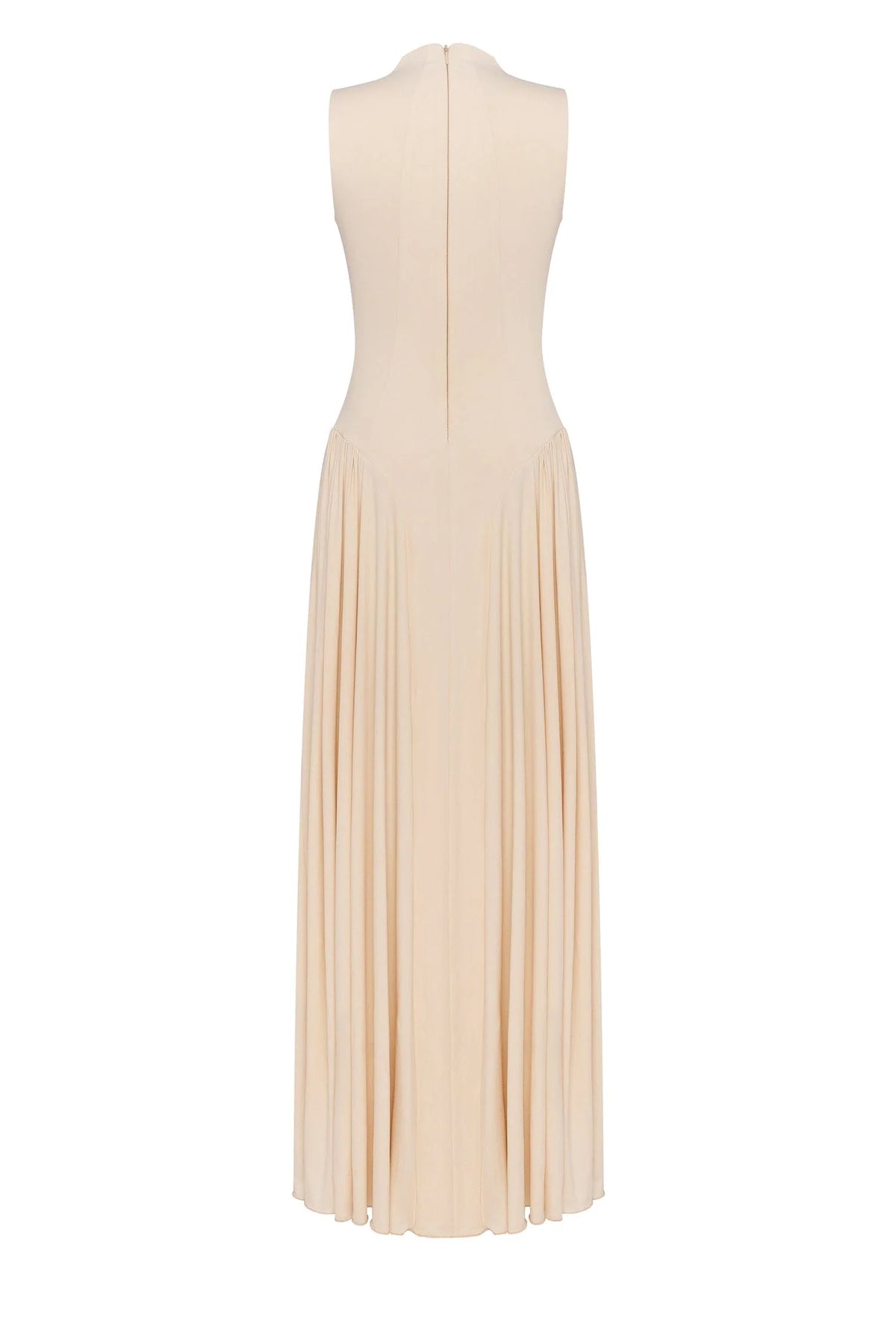 Nude sleeveless mock neck dress with a pleated maxi skirt