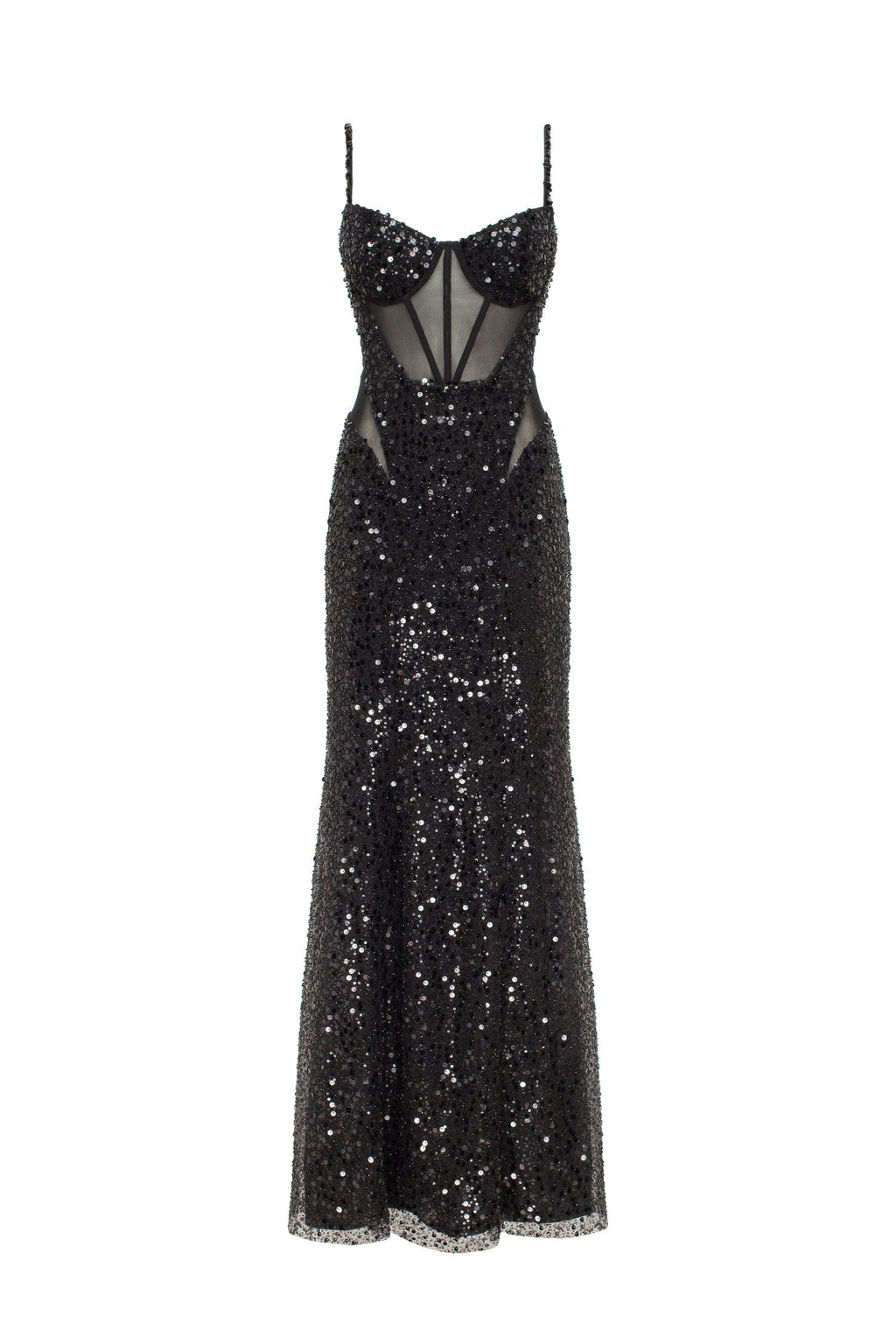 Sensational black maxi on spaghetti straps covered in sequins Smoky Quartz