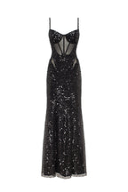 Sensational black maxi on spaghetti straps covered in sequins Smoky Quartz