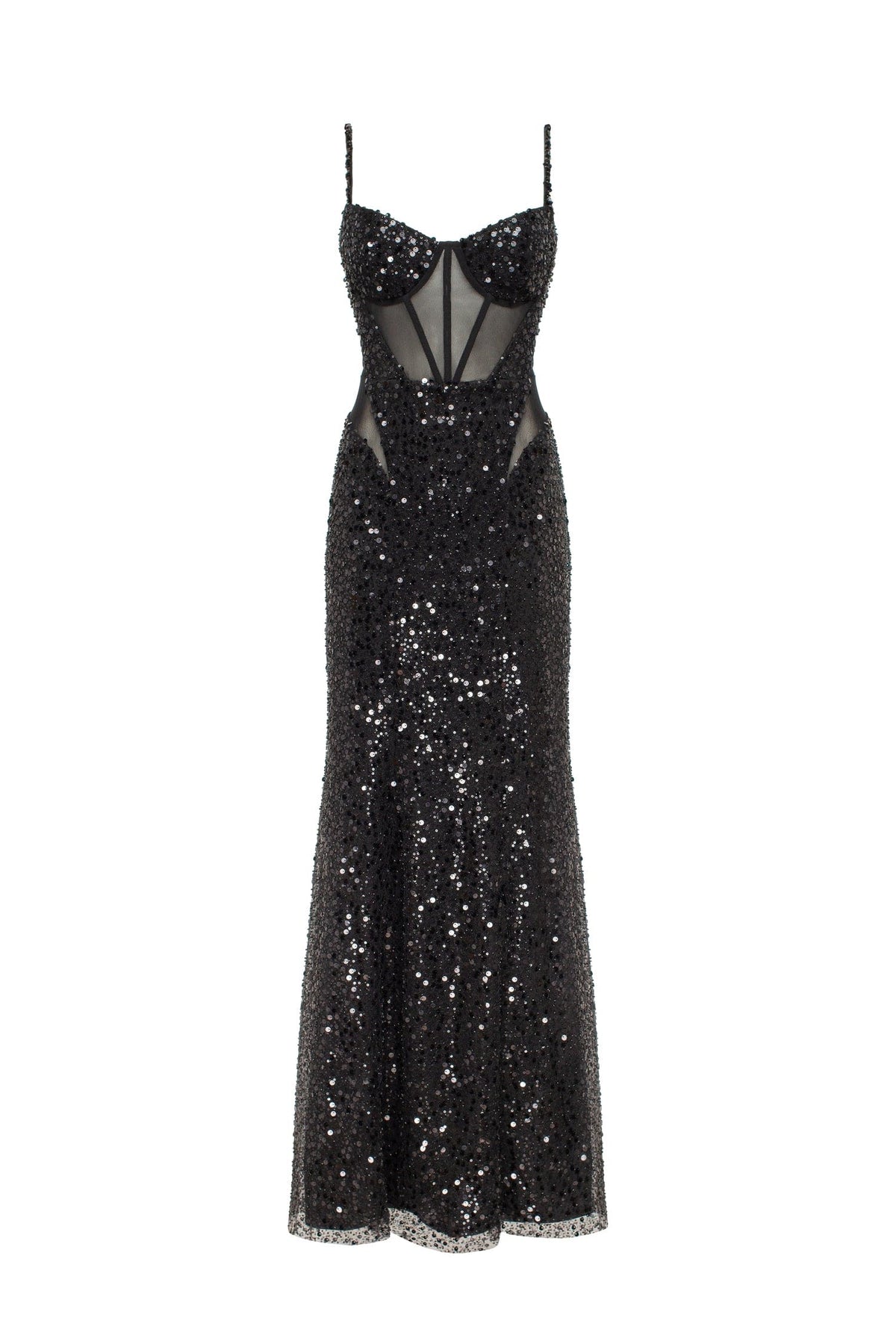 Sensational black maxi on spaghetti straps covered in sequins Smoky Quartz