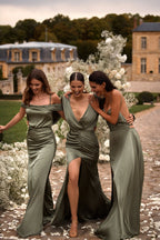 Elegant olive off the shoulder silk maxi dress