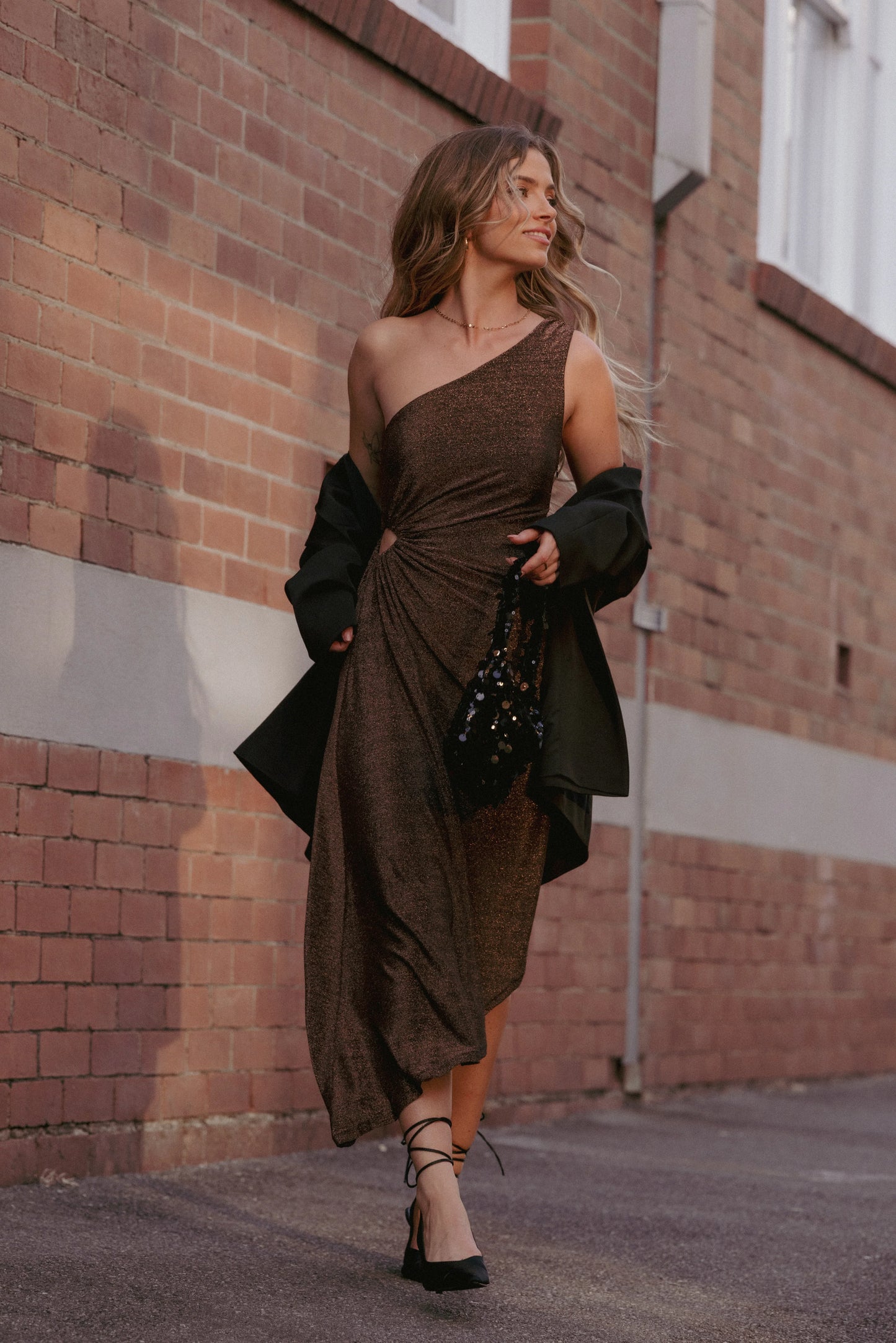 Emma One Shoulder Midi Dress Vintage Gold