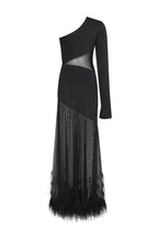 One shoulder maxi dress with feather trimmed bottom Xo Xo