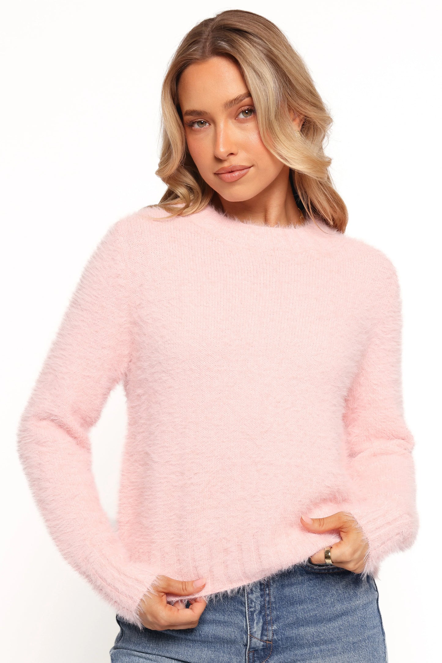 Aspra Fuzzy Crewneck Knit Sweater Pink