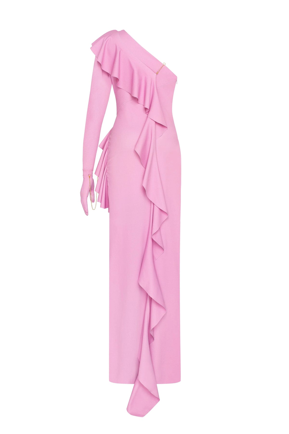 One shoulder ruffle trimmed maxi dress in pink Xo Xo
