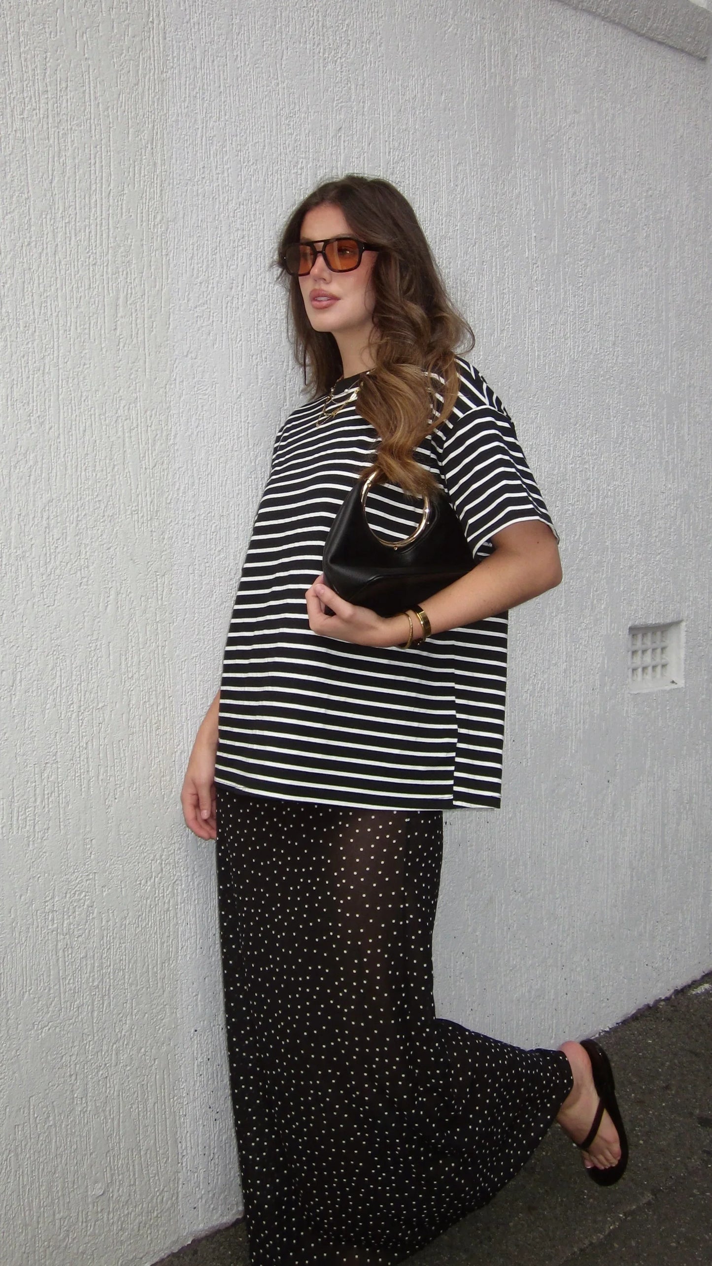 Elisha T Shirt and Sheer Maxi Skirt Set White Black Stripe and Polka Dot