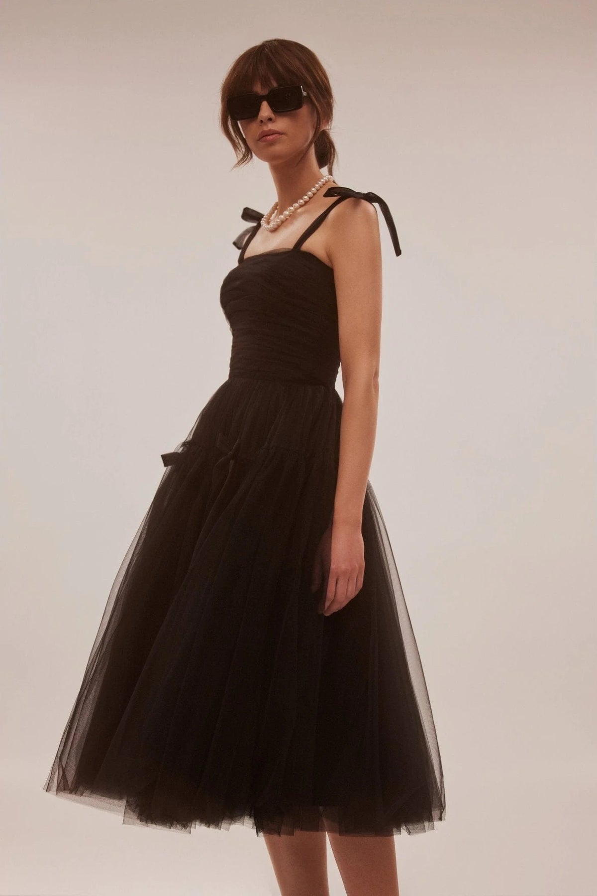 Adorable midi tie strap black tulle dress