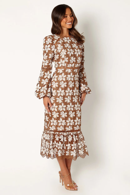 Pierre Long Sleeve Lace Maxi Dress Mocha