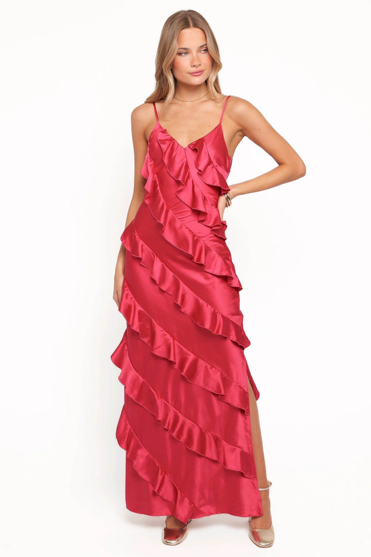 Ciao Ruffles Maxi Satin Dress Fuchsia