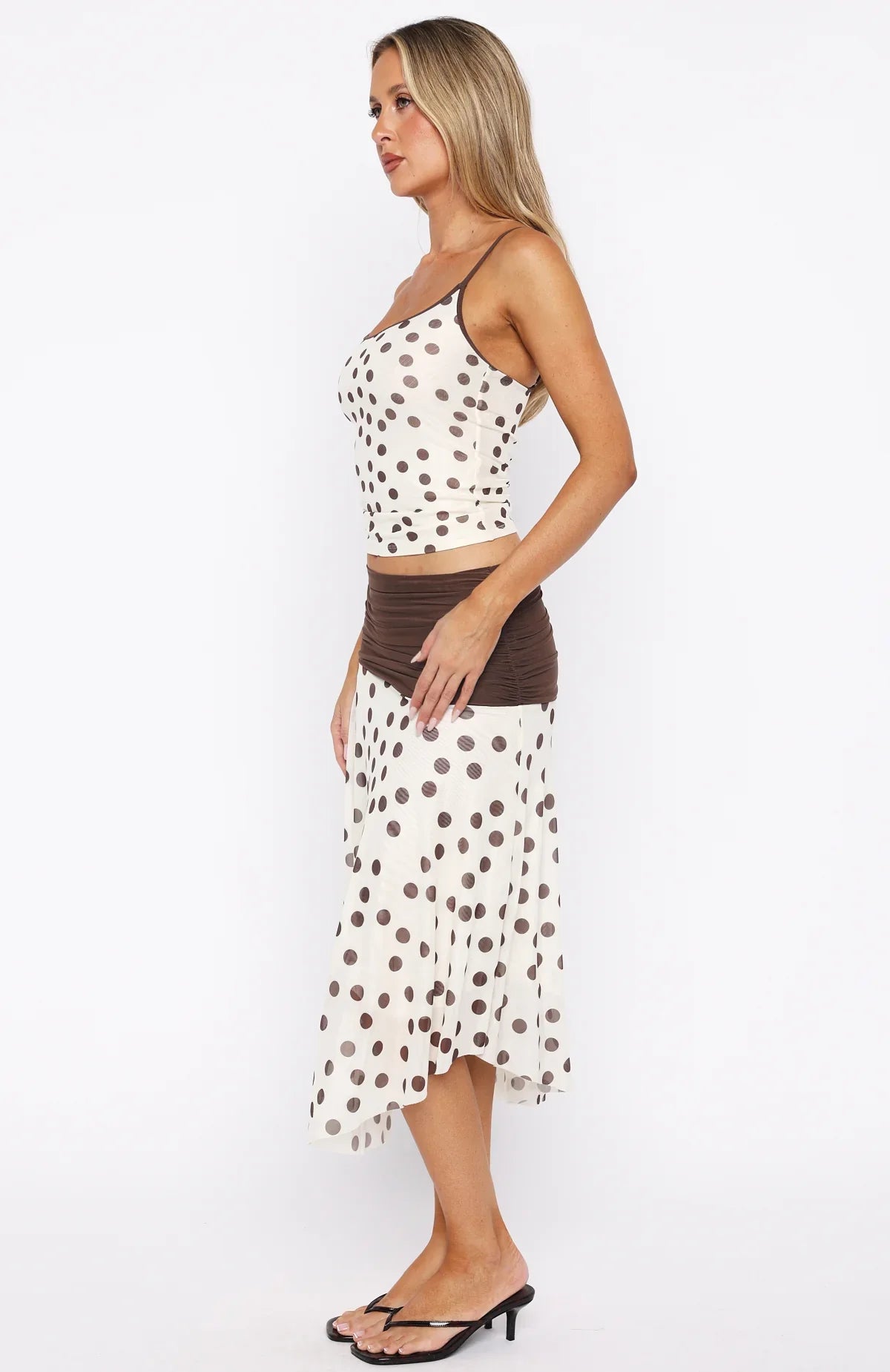 Mediterranean Mirage Midi Skirt Cream Choc Polka Dot
