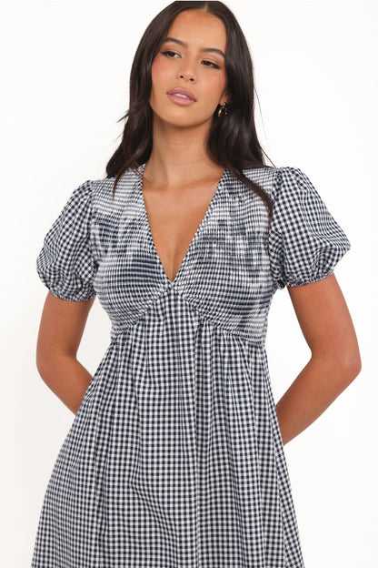 Ilyana Short Sleeve Maxi Dress Navy Gingham