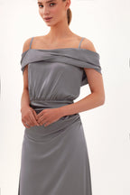 Elegant silver off the shoulder silk maxi dress