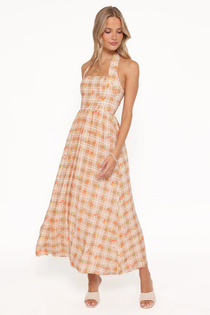 Gemini Halterneck Maxi Dress Yellow Floral Gingham