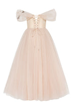 Off the shoulder midi gown with the tender embellishment