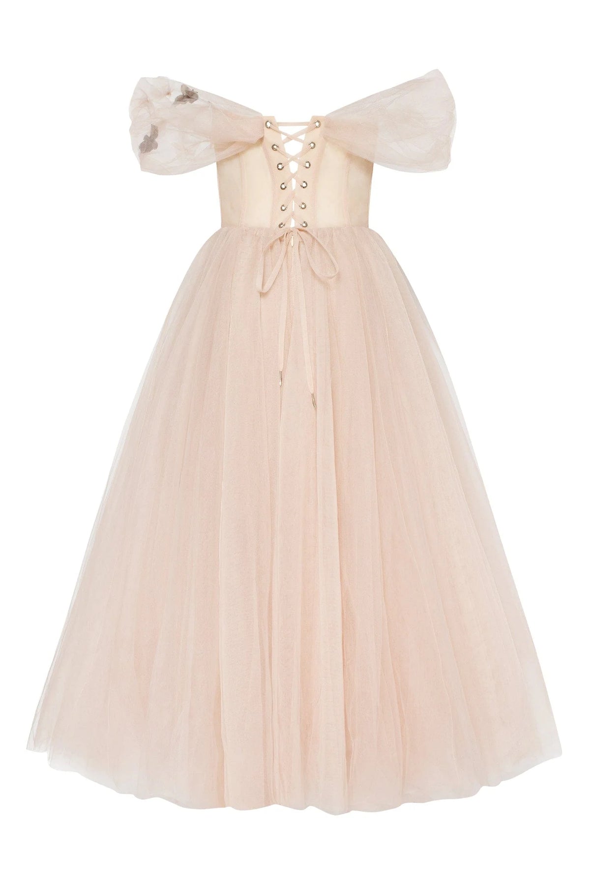 Off the shoulder midi gown with the tender embellishment