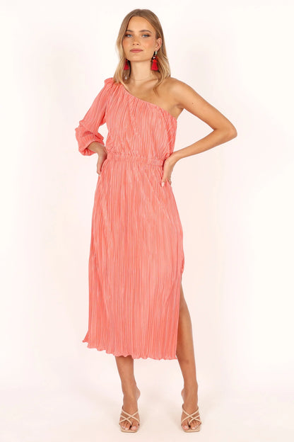 Pontee One Shoulder Pleated Midi Dress Coral