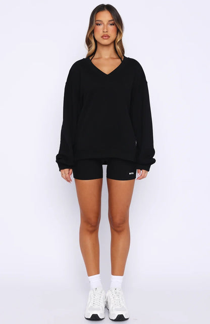 Shutting It Down V Neck Oversized Sweater Black
