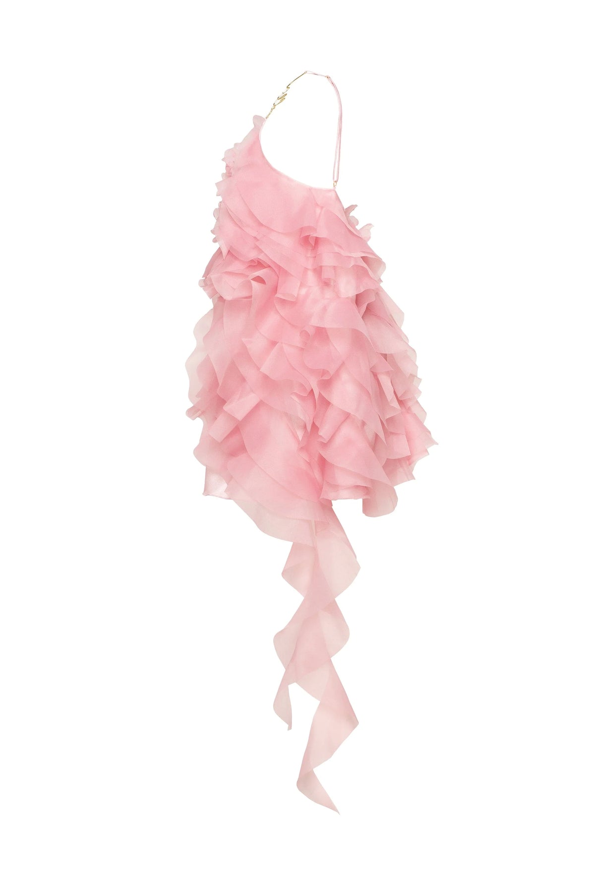 Romantic ruffled pink mini dress with rose appliques Garden of Eden