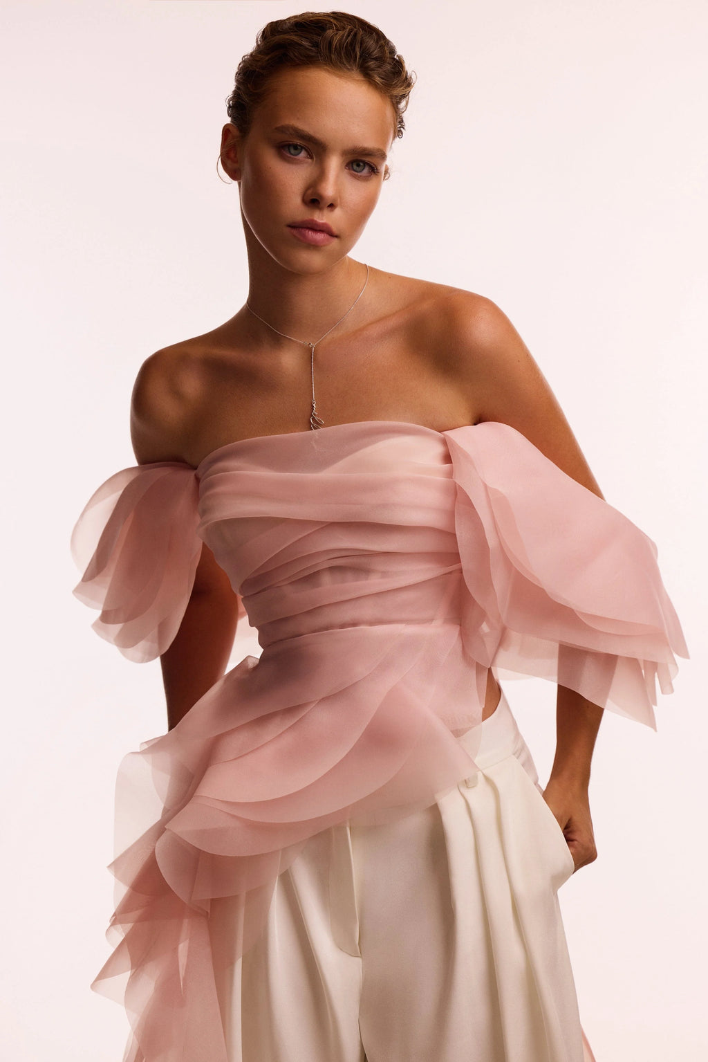 Dreamy off shoulder blouse with meringue flounces in misty rose Midnight Walk