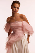 Dreamy off shoulder blouse with meringue flounces in misty rose Midnight Walk