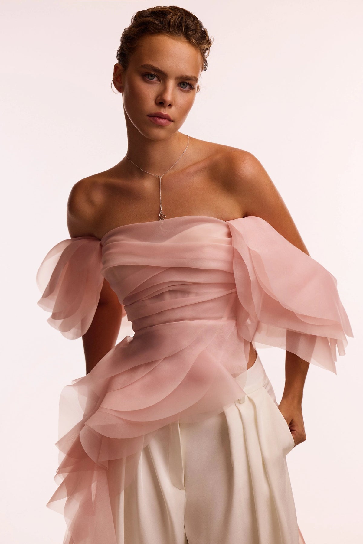 Dreamy off shoulder blouse with meringue flounces in misty rose Midnight Walk