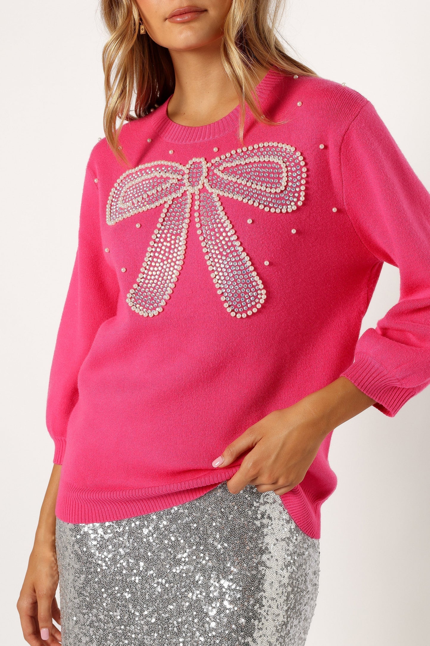 June Embellished Bow Knit Sweater Hot Pink