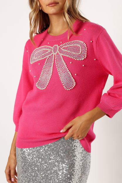 June Embellished Bow Knit Sweater Hot Pink