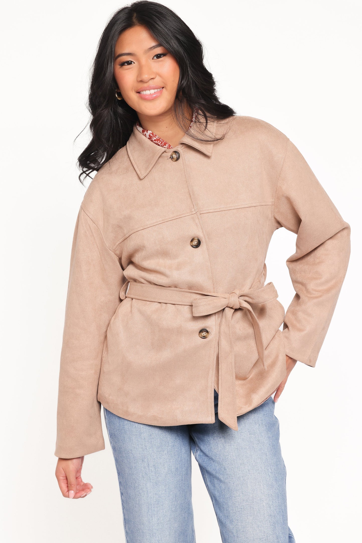 Nelly Faux Suede Cropped Trench Coat Mushroom