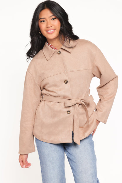 Nelly Faux Suede Cropped Trench Coat Mushroom