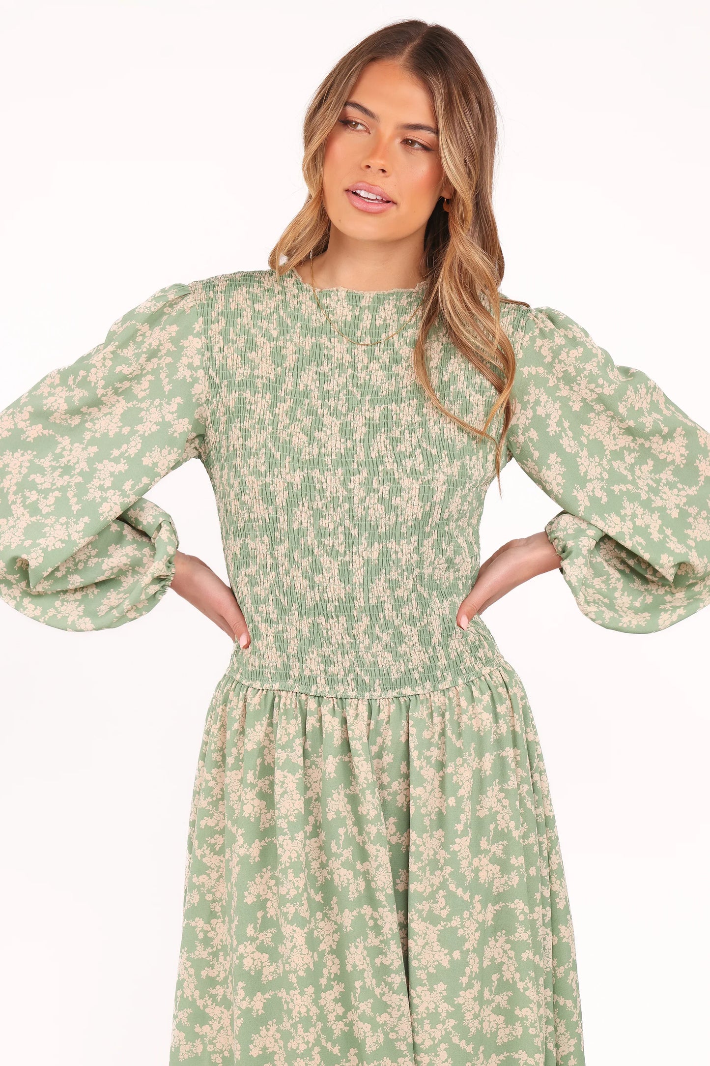 Ashara Long Sleeve Midi Dress Green Floral