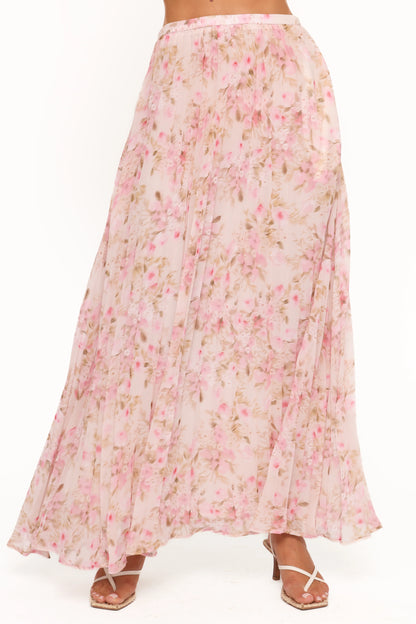 Mena Pleated Maxi Skirt Blurred Pink Floral