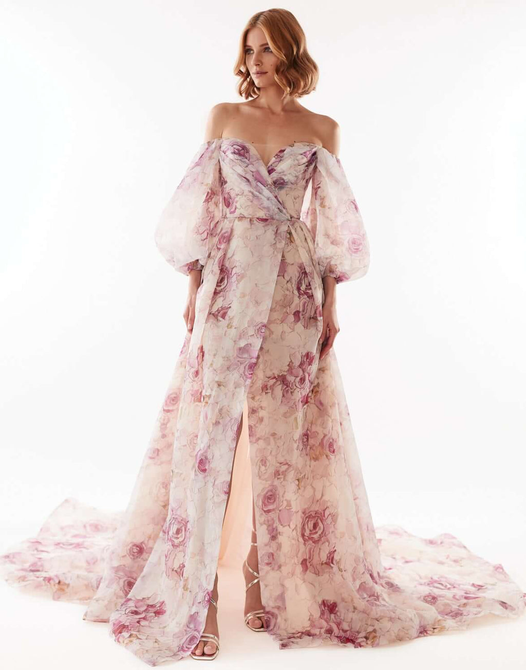 Pink Peony Elegant floral puff sleeve maxi dress