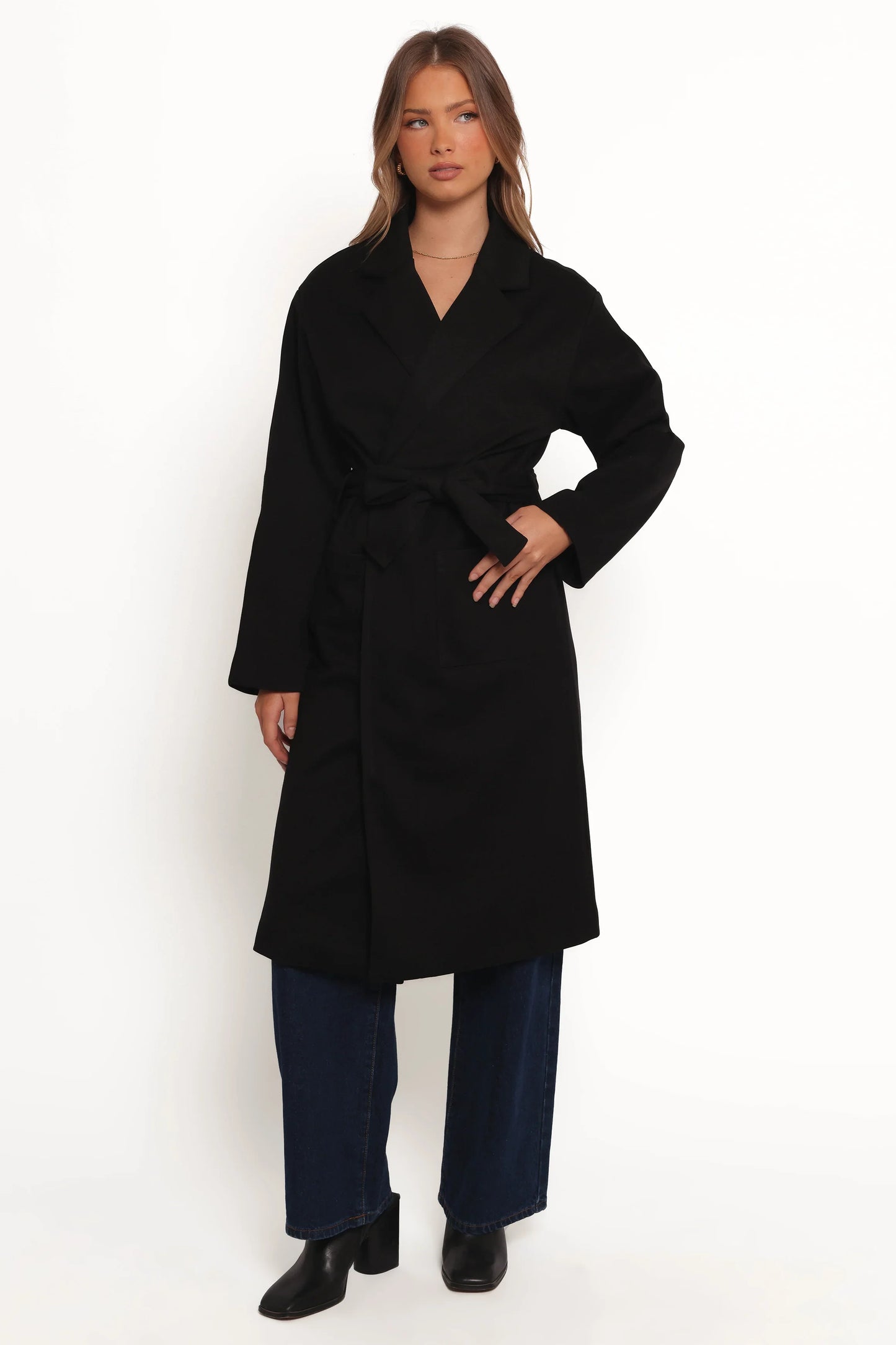 Kloss Tie Front Long Coat Black