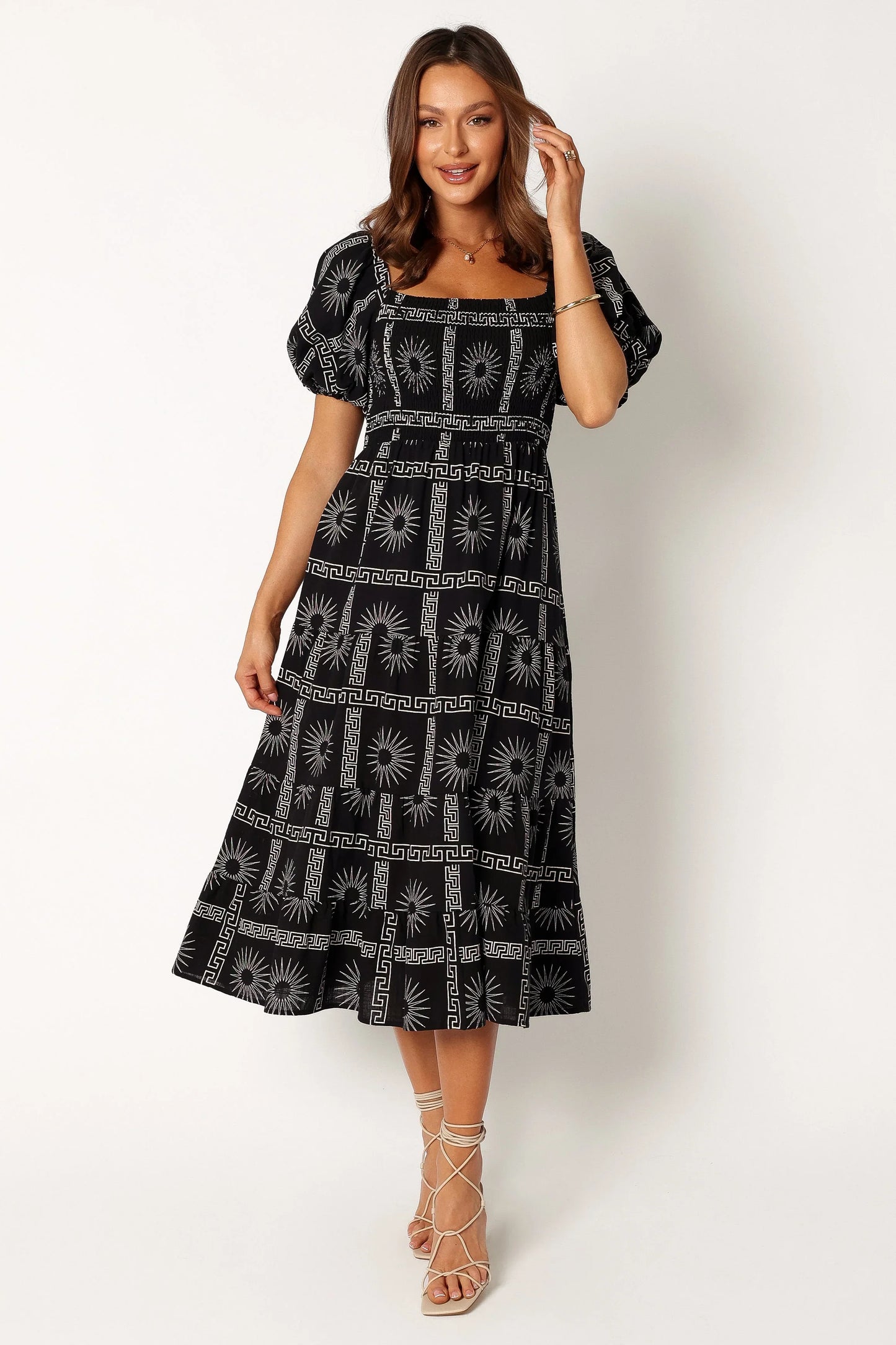 Soliel Puff Sleeve Midi Dress Black Tan