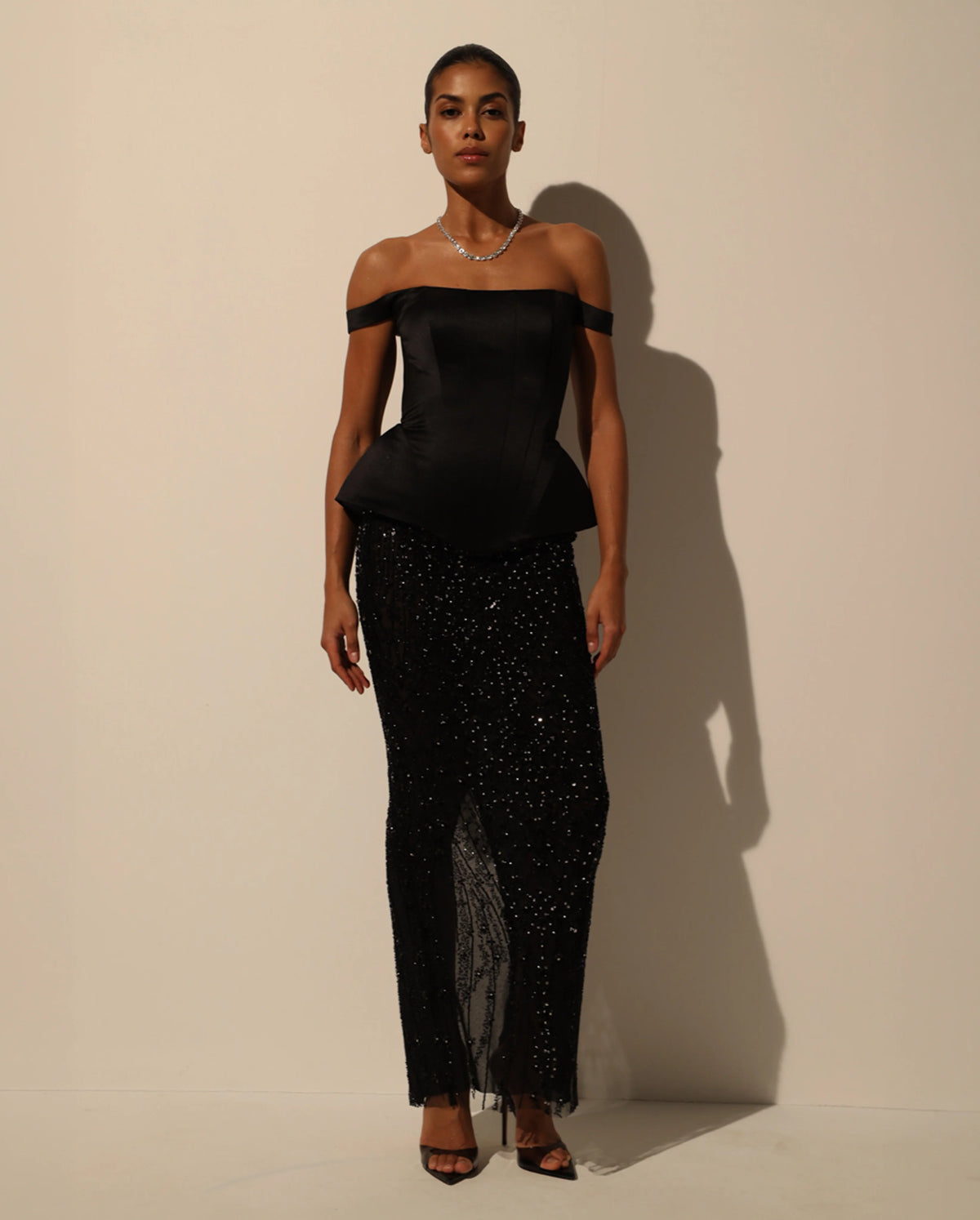Black semi sheer embroidered lace maxi skirt