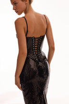 Sensational spaghetti straps sequined black corset Midnight Walk