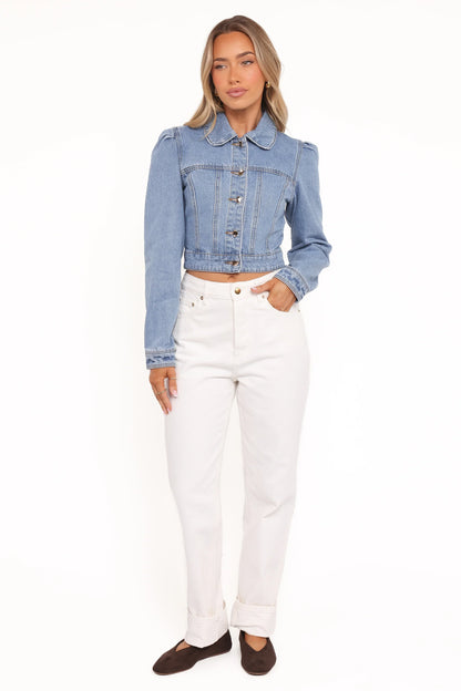 Faven Cropped Denim Jacket Mid Blue