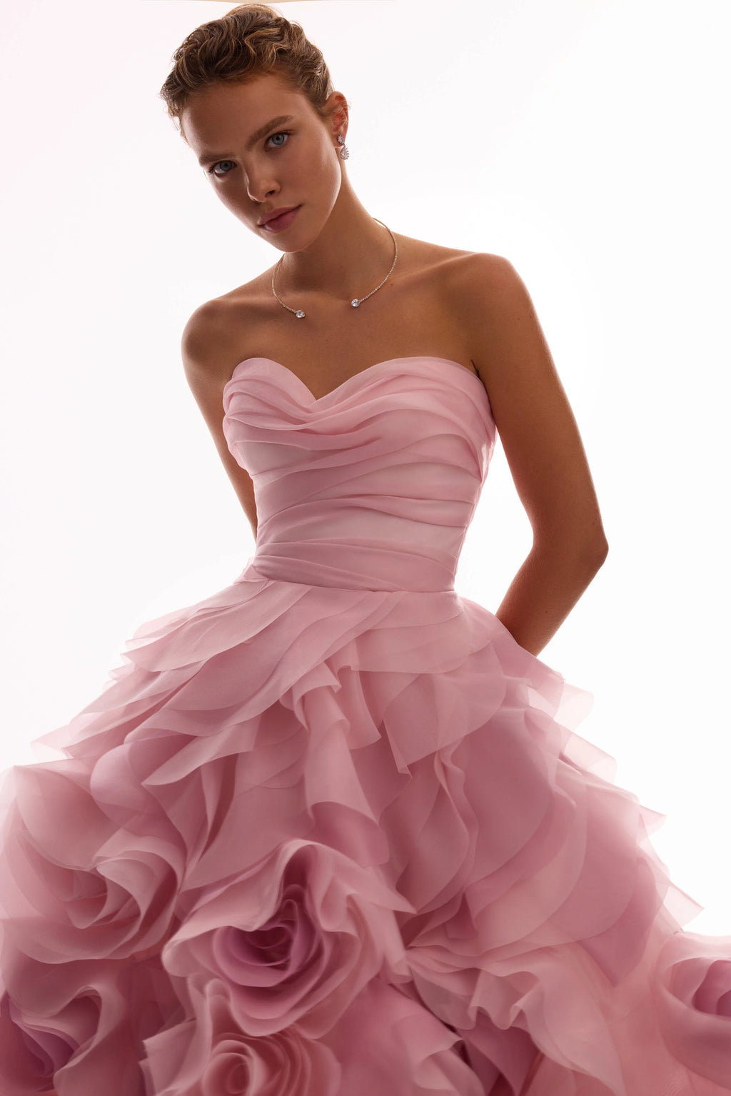 Dramatic flowered organza midi dress in misty rose Glow Up