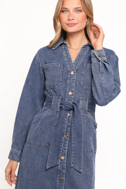 Ballina Long Sleeve Midi Dress Blue Denim