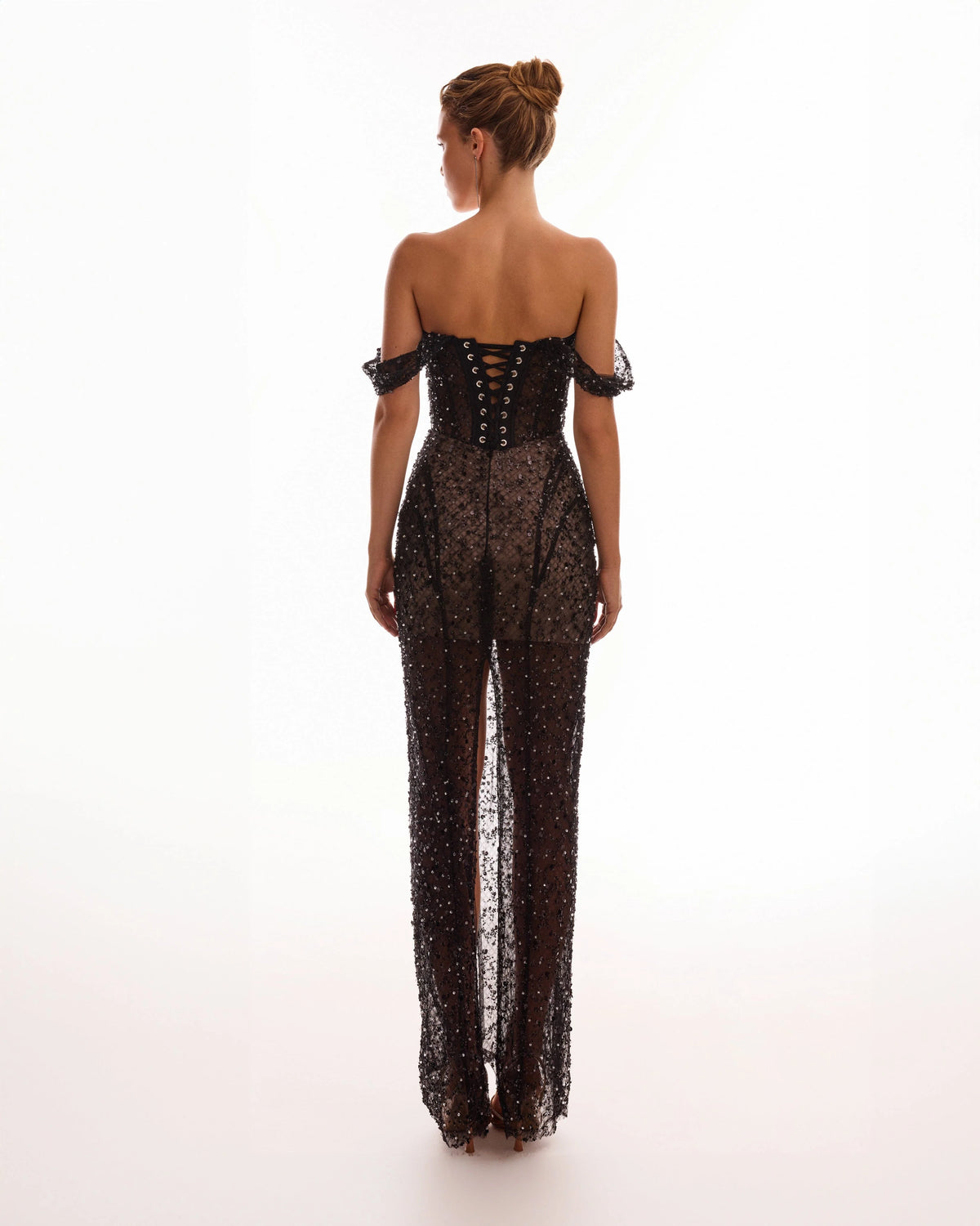 Striking black sequined fitted maxi dress Midnight Walk