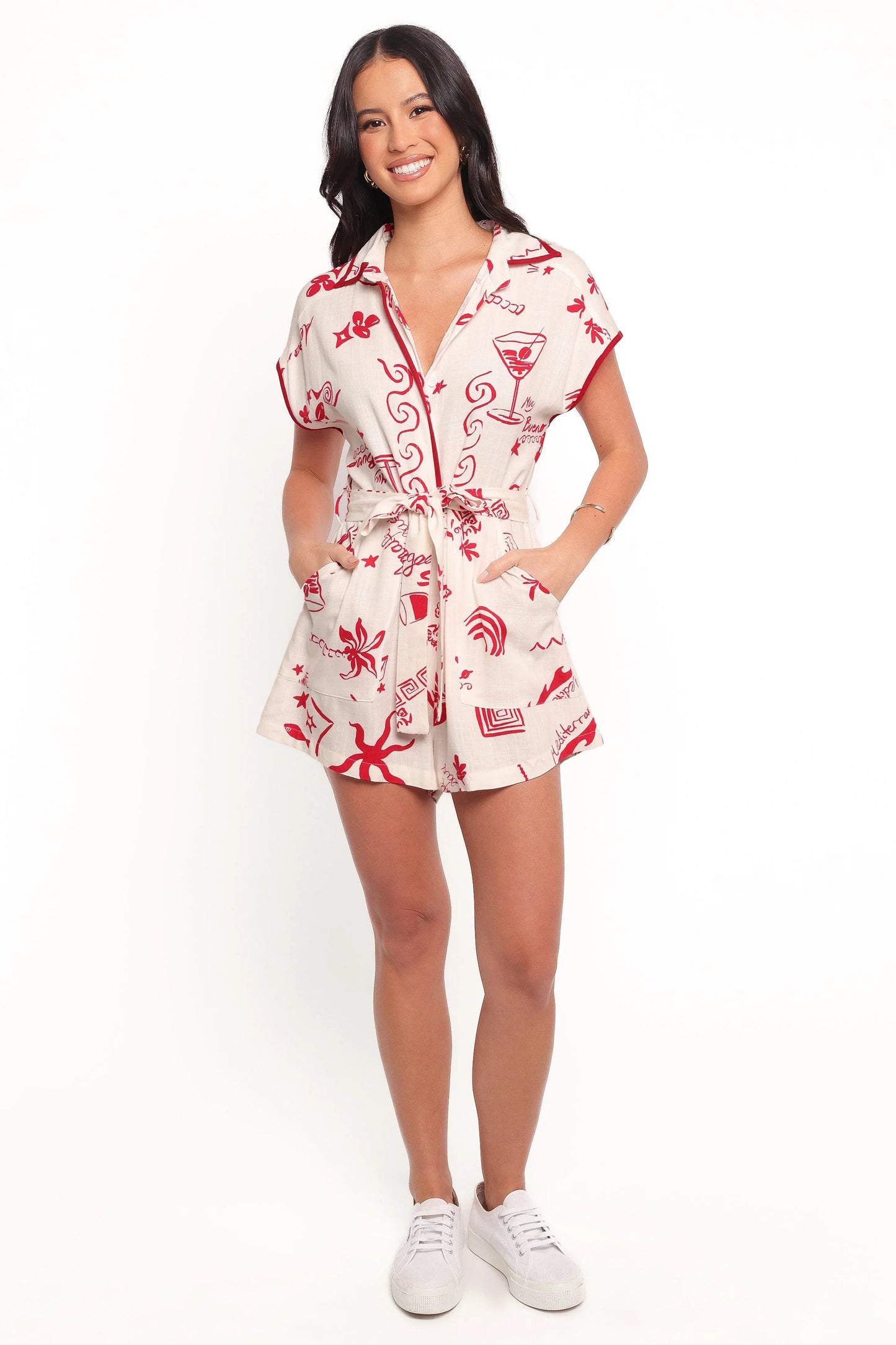Kensie Tie Waist Romper Red