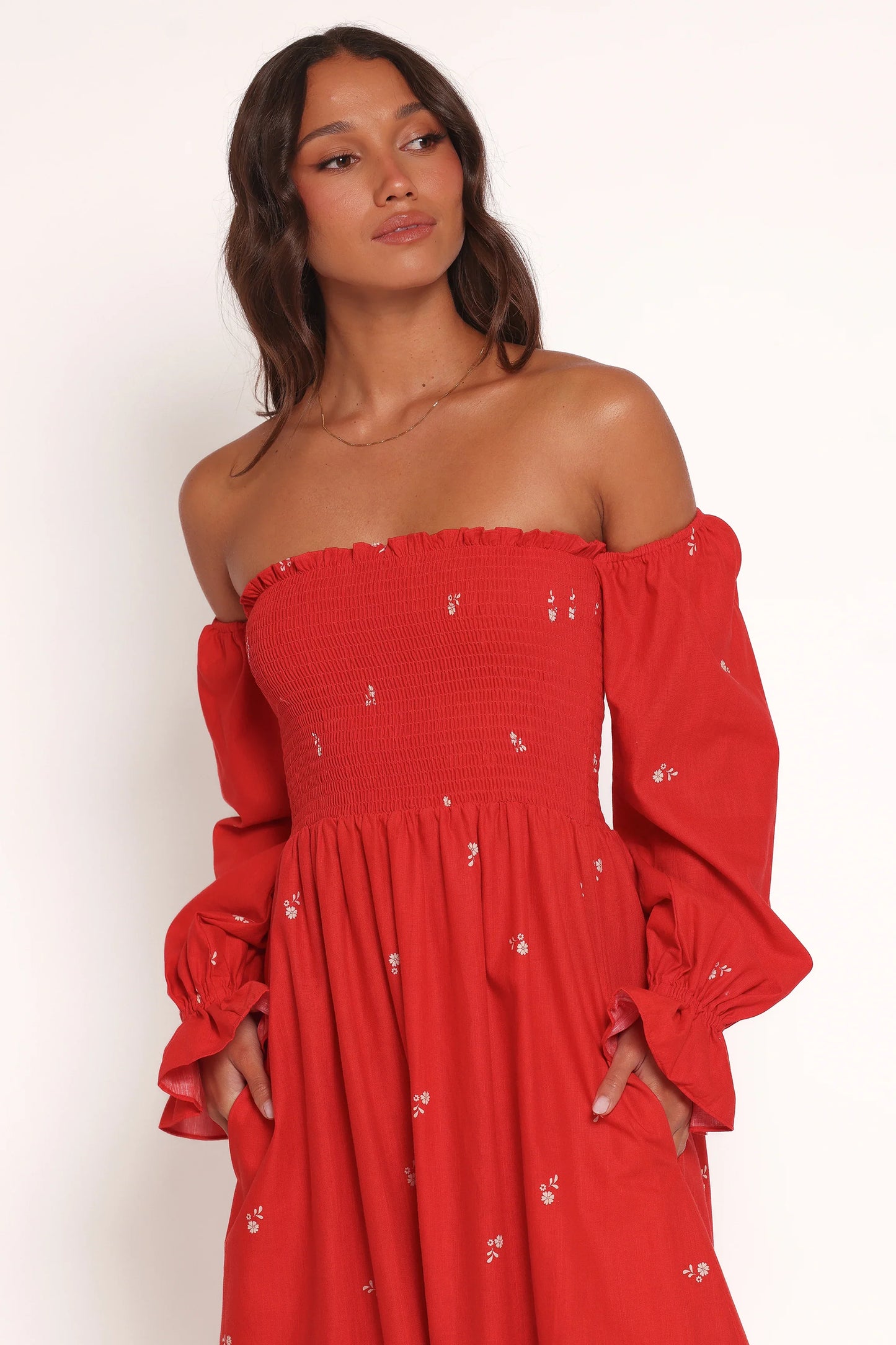 Domenica Shirred Long Sleeve Midi Dress Red Floral Bandana