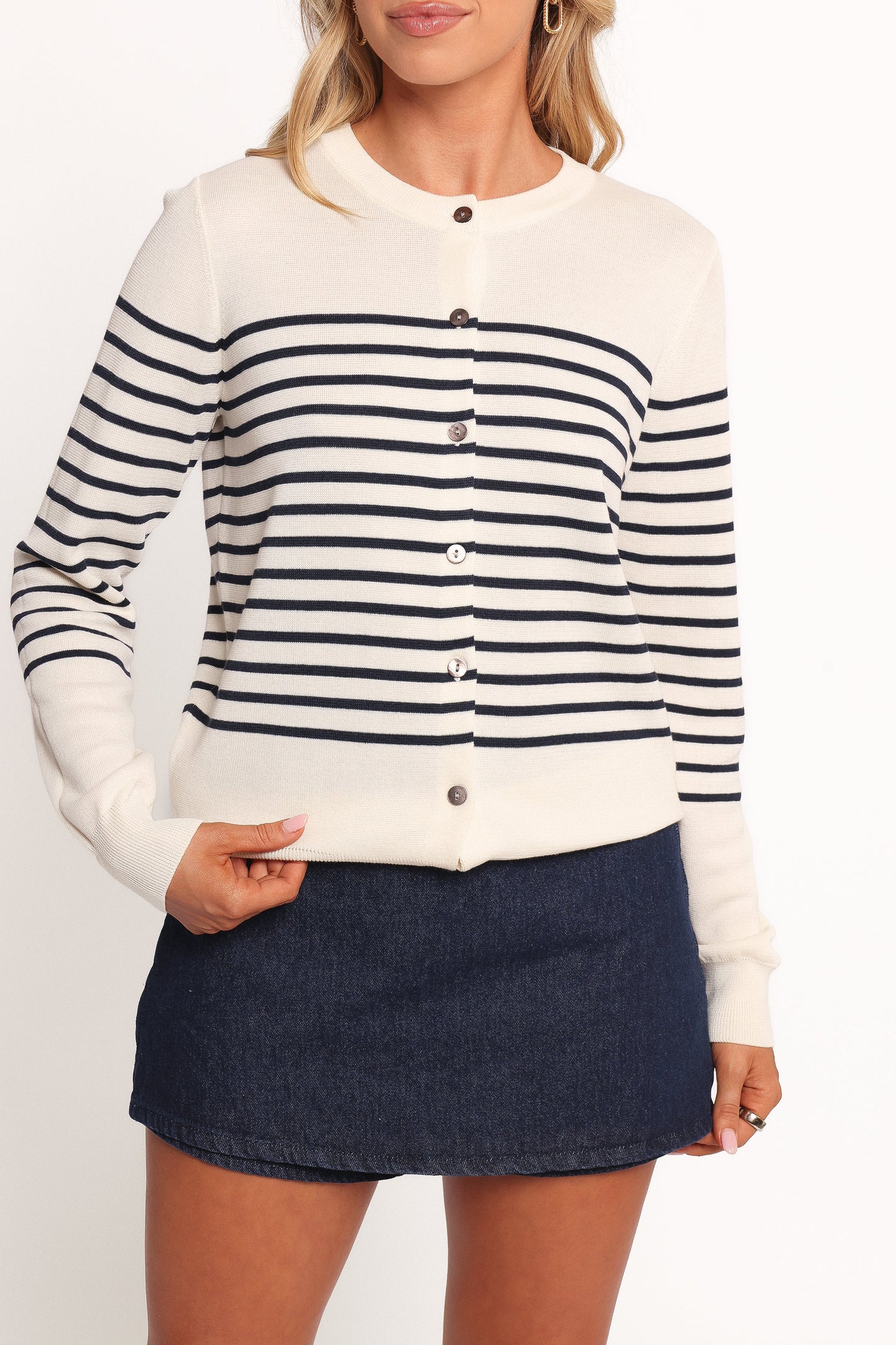 Gavi Button Front Striped Cardigan Off White Navy
