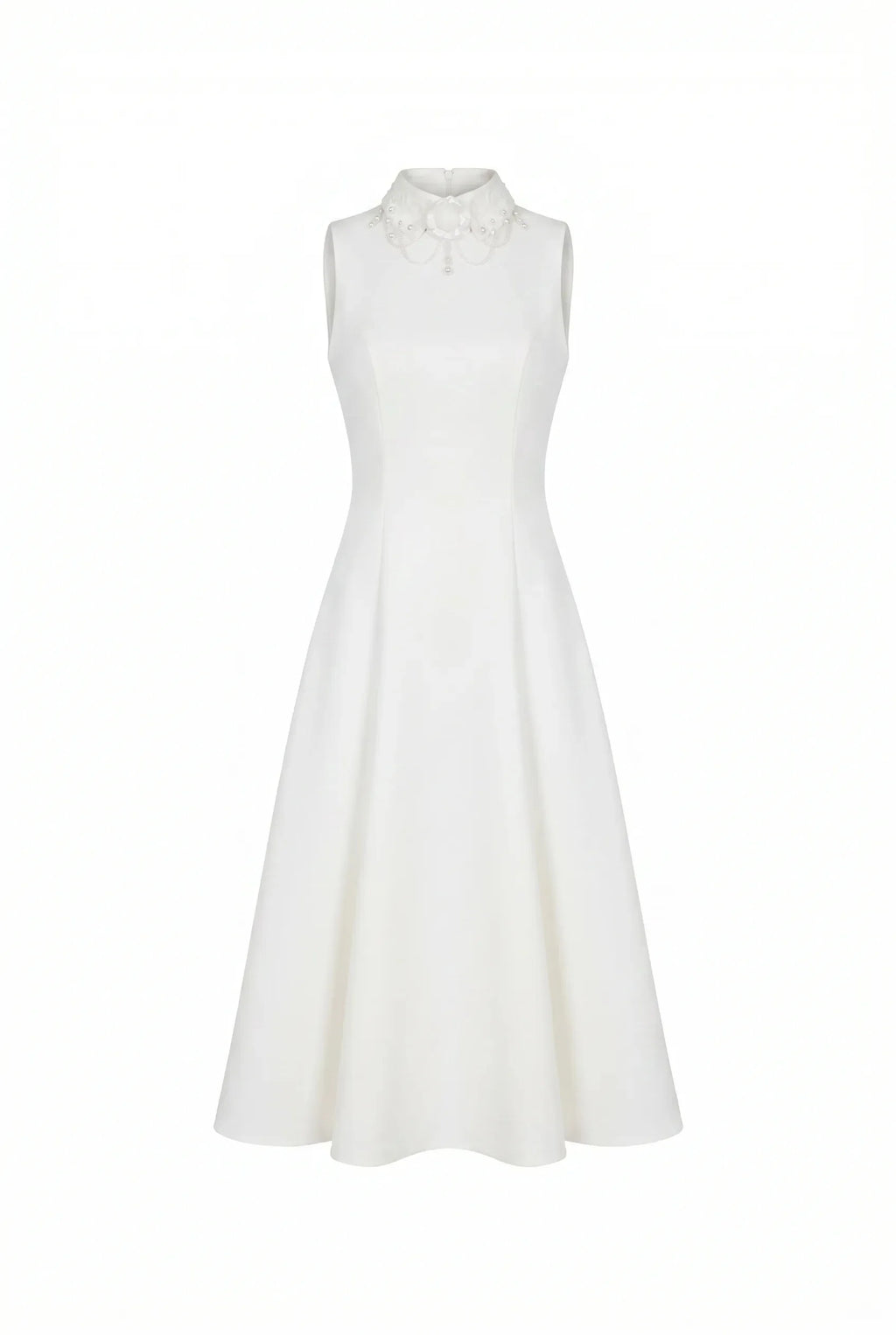 Elegant white midi dress with a high neckline