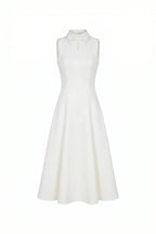 Elegant white midi dress with a high neckline