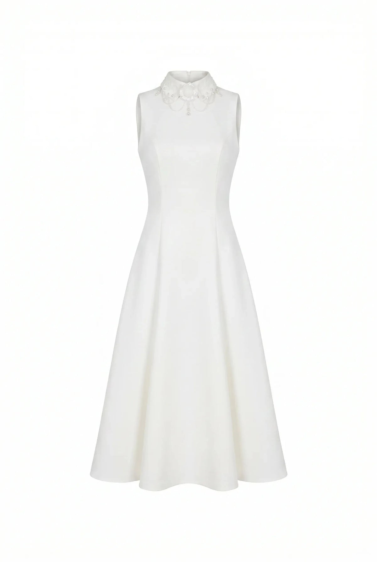 Elegant white midi dress with a high neckline