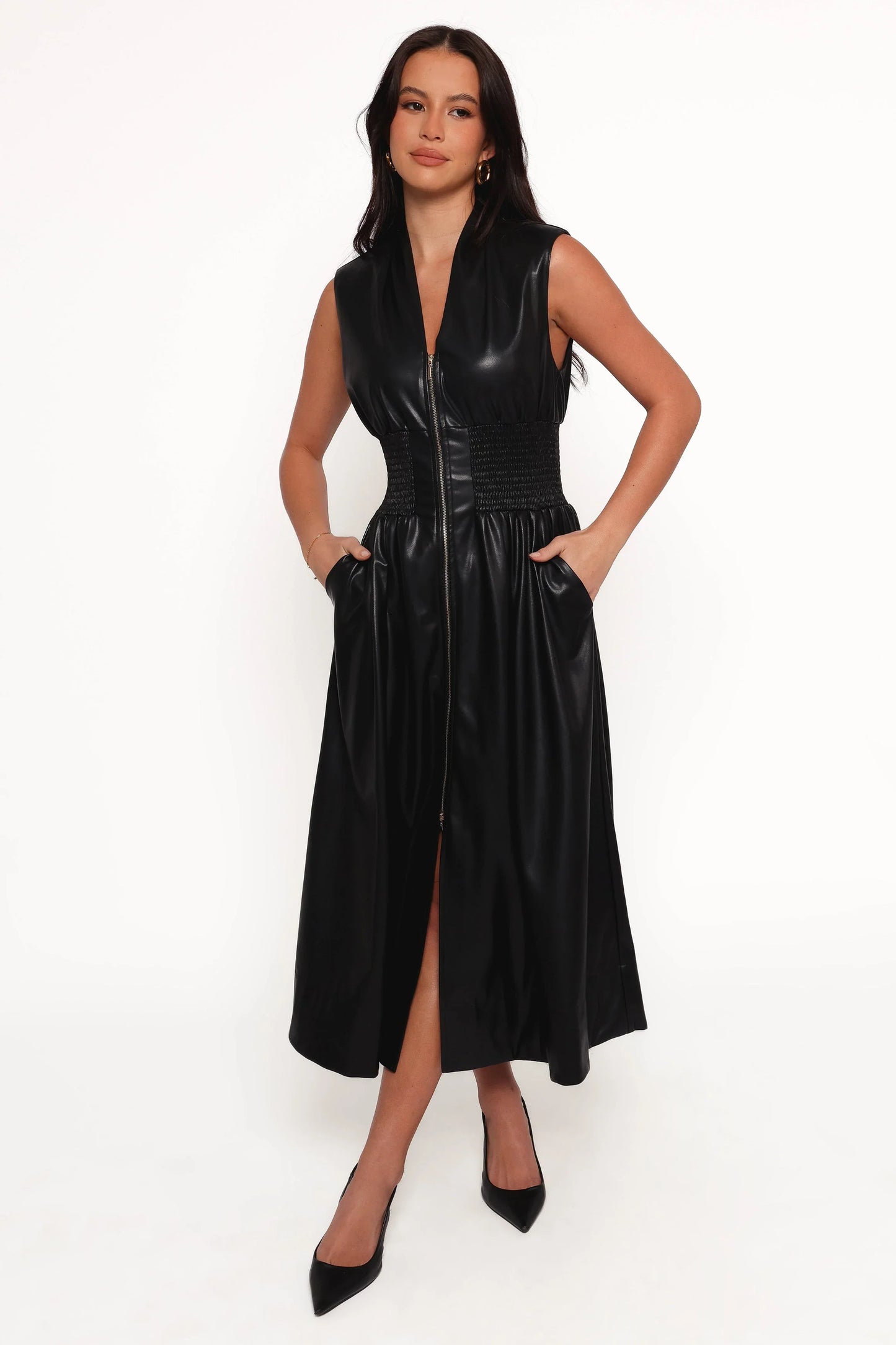 Lizzi Faux Leather Midi Dress Black