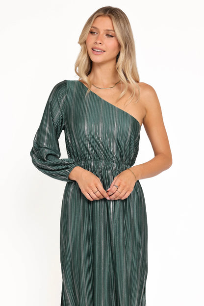 Pontee One Shoulder Pleated Midi Dress Green