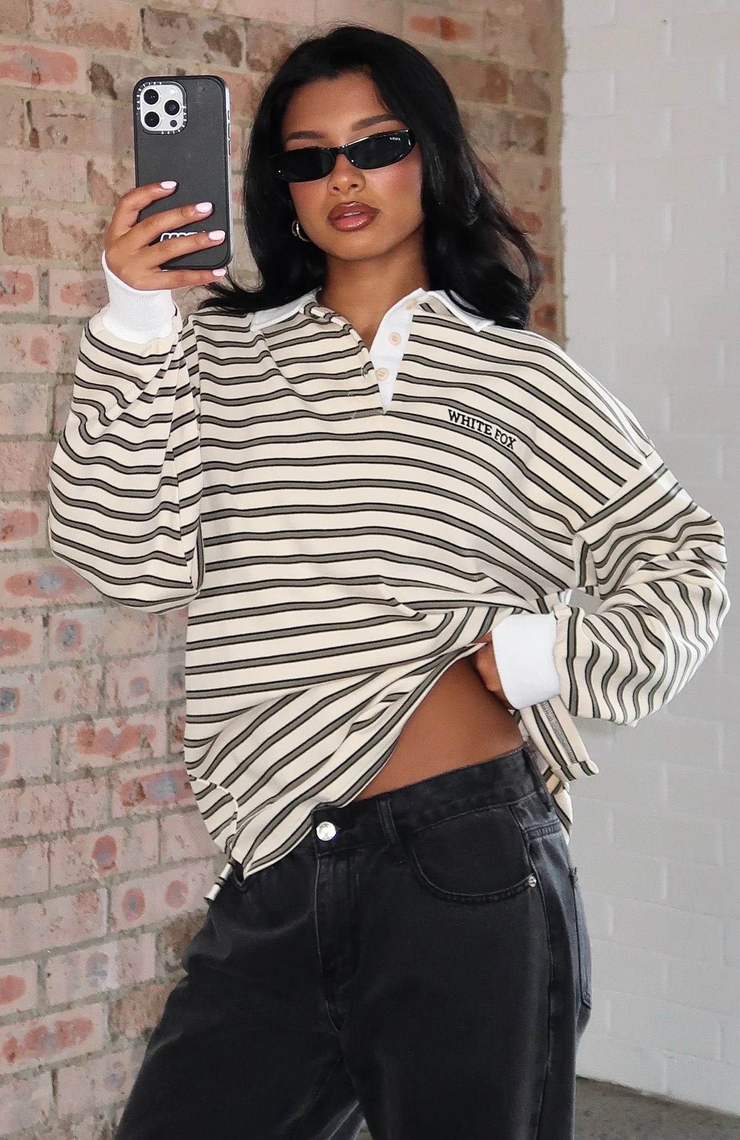 Out Again Long Sleeve Rugby Shirt Cream Olive Stripe