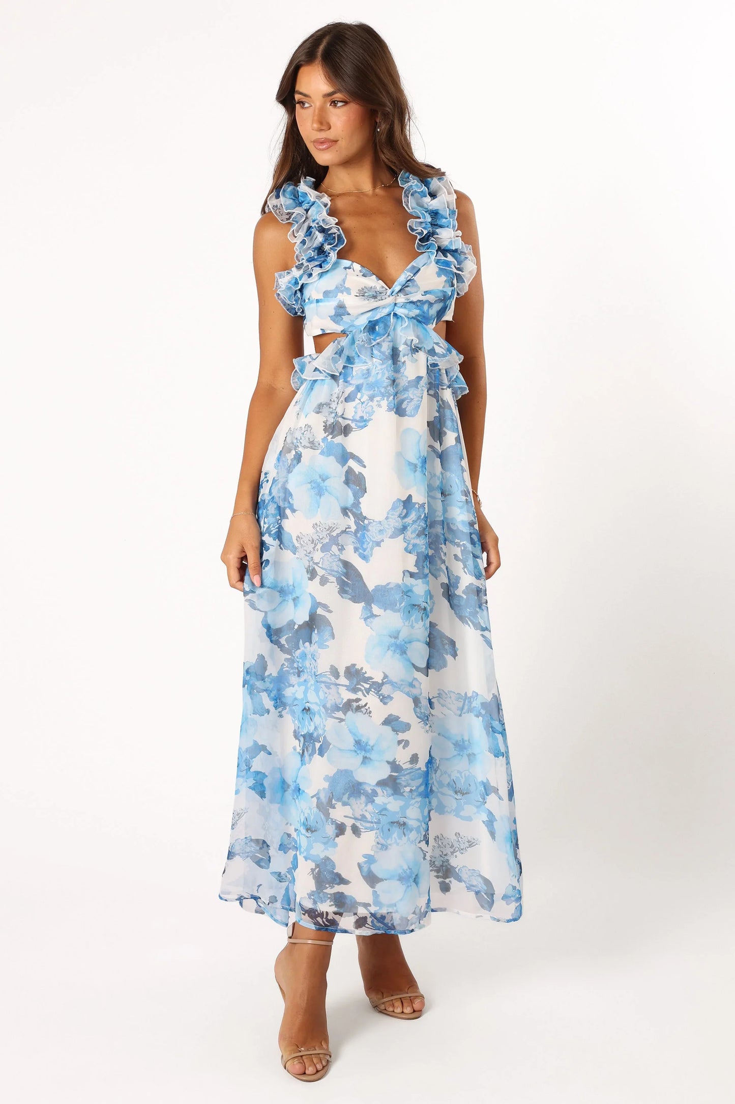 Lucah Frill Shoulder Maxi Dress Blue White Floral